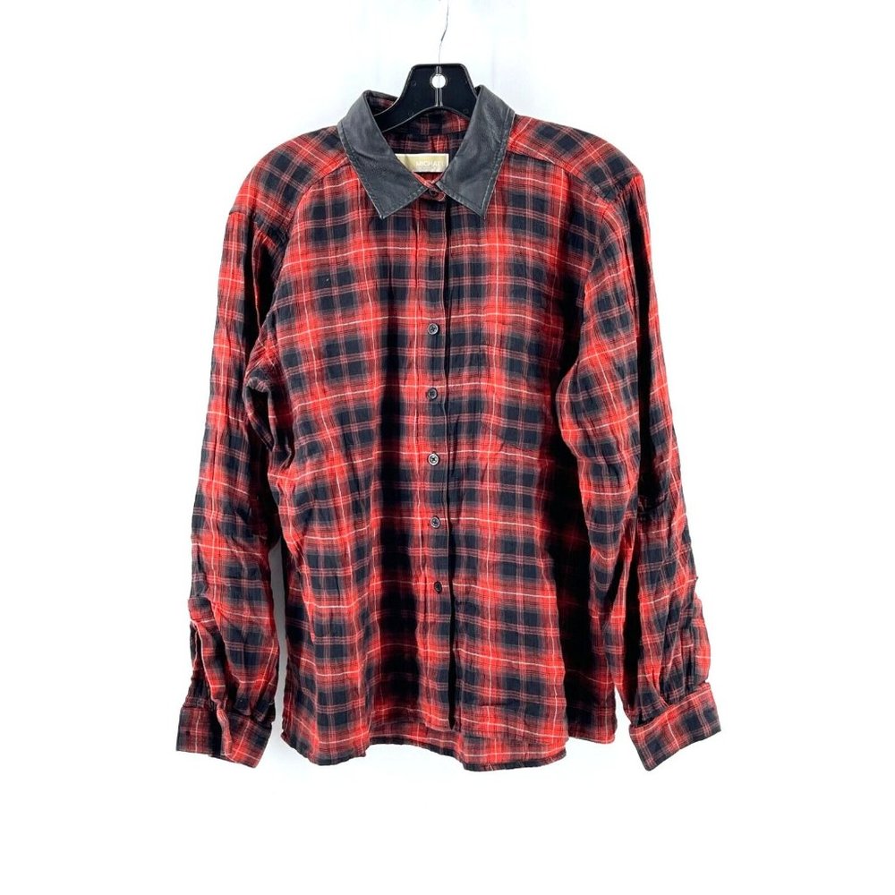Michael Kors Women's Red Plaid Flannel Shirt Top Faux Leather Collar Size M/L